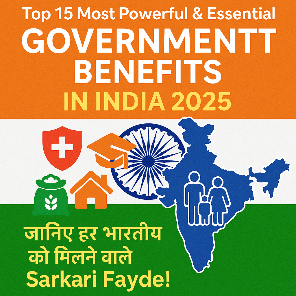 Top 15 Government Benefits in India 2025 – Icon of health, education, ration, home and family over India flag background"