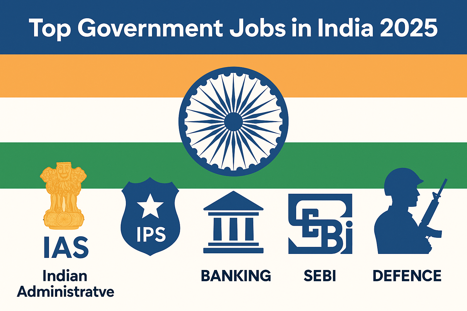 "Top Government Jobs in India 2025 – IAS, IPS, RBI, SEBI, Defence with Indian flag background"