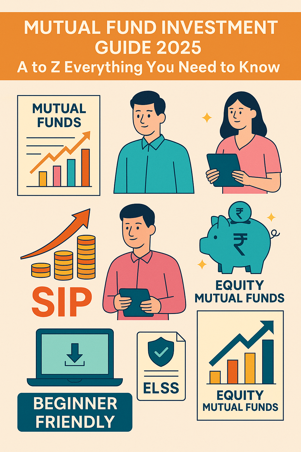 Mutual Fund Investment Guide 2025 infographic showing SIP, ELSS, equity mutual funds, and beginner-friendly tools for Indian investors with charts, piggy bank, and digital devices."