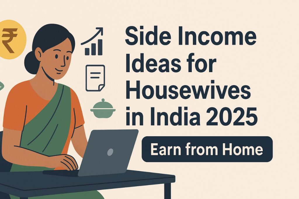 Side Income Ideas for Housewives in India 2025 – Indian woman working on laptop from home with earning opportunities icons