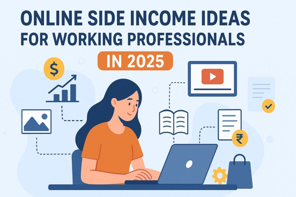 Illustration showing Online Side Income Ideas for Working Professionals in 2025 – freelancing, blogging, teaching, and digital skills.